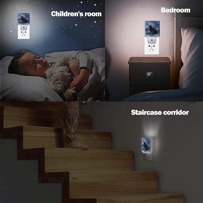 Black Cat Night Light, Dusk to Dawn Smart Sensor Nightlight for Bedroom Bathroom Kitchen Hallway Stairs Hallway, Plug-in, Energy Efficient Decor Desk Lamp Gifts