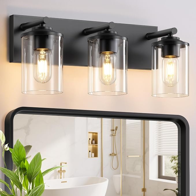 3-Light Bathroom Light Fixtures, Matte Black Bathroom Vanity Lighting Over Mirror with Clear Glass Shades, Modern Vanity Lights for Bath Wall Sconces Lamp for Powder Room, Bedroom, Hallway