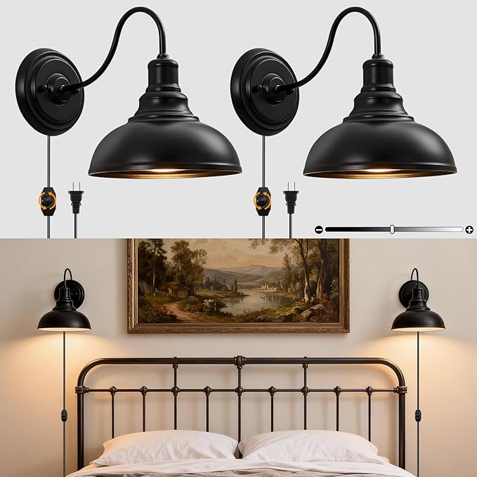 Lightess Plug in Wall Sconces Set of 2, Black Lamp with Cord Dimmer Switch | Gooseneck Farmhouse Style, Dimmable Switch Easy Brightness Control, Rustic Industrial Barn Style Fits Indoor Household Decor