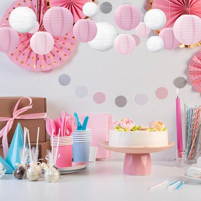 20Pcs Pink Light Pink White Paper Lanterns for Parties, 6” 8” 10” 12” Chinese Asian Hanging Round Paper Lanterns for Birthday Wedding Halloween Christmas Home Decor Party Decor