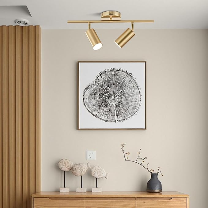 KCO Lighting Modern 2-Light Gold Track Lighting Fixture Flush Mount Brushed Brass Track Lights Kit Mid Century Industrial Adjustable Ceiling Spot Lights Indoor for Kitchen Island (2-Light)