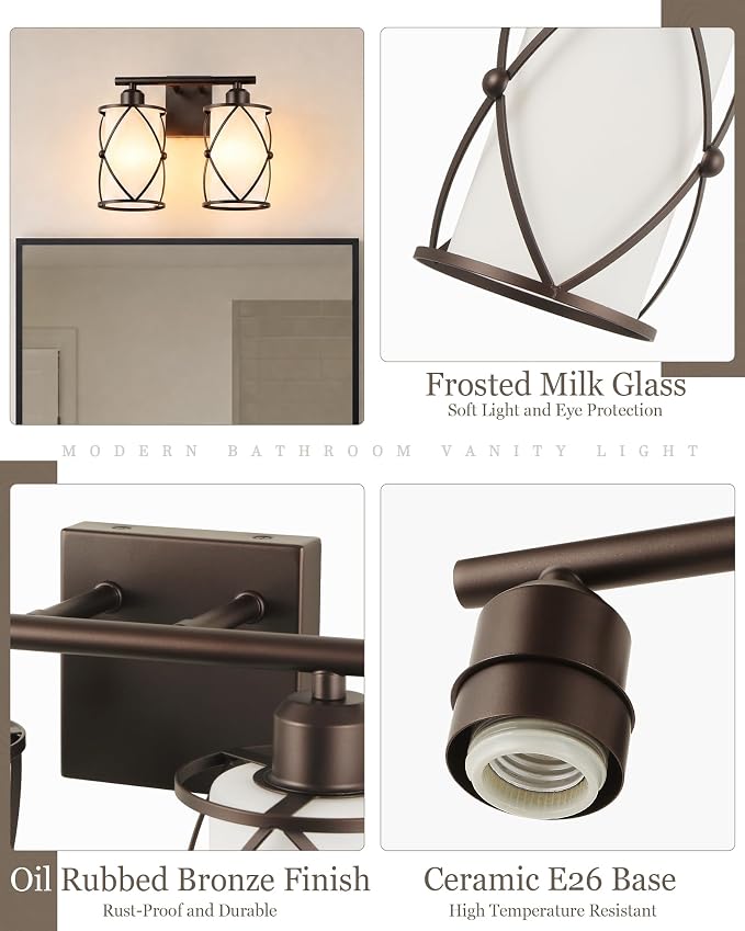 2-Light Oil Rubbed Bronze Bathroom Light Fixtures Over Mirror, 13.2" UL-Listed Modern Farmhouse Wall Sconce Lights with Milk White Frosted Glass and Metal Cage for Bath, E26, CH9176ORBW-2W