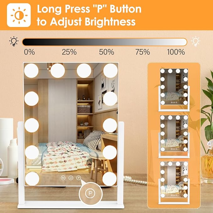 Dirket Vanity Mirror with Lights, Hollywood Lighted Makeup Mirror with 3 Color Lighting Modes and 12 Dimmable Bulbs, Detachable 5X Magnification, Smart Touch Control, 360°Rotation, White