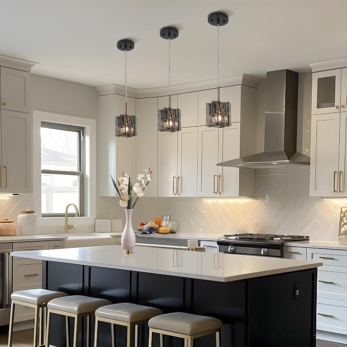 KSANA Pendant Lights Kitchen Island, 4.7'' Black and Plating Brass Kitchen Pendant Lighting Over Island, Modern Hanging Light Fixtures with Handcrafted Smoky Textured Glass