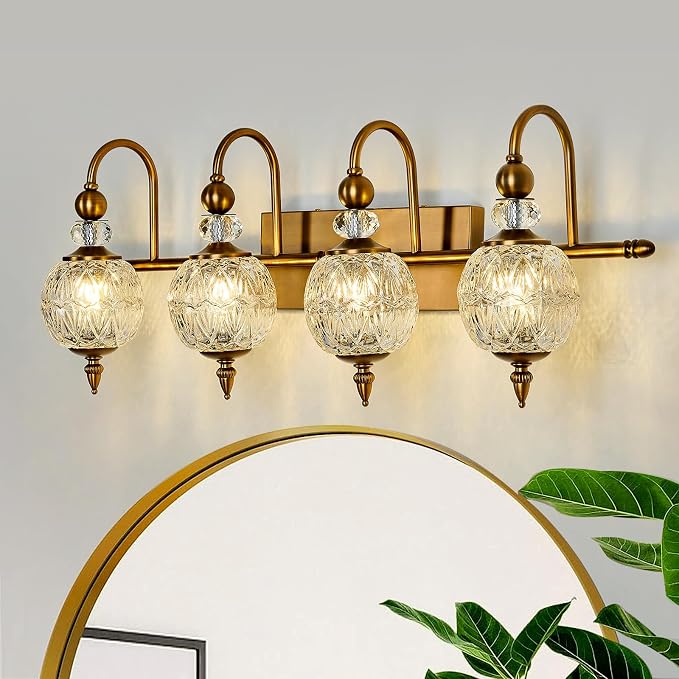 Piepooye Vintage Bathroom Light Fixtures Gold Vanity Light with Glass Globe LampShade 4 Lights Brushed Brass G9 Bulb Wall Sconce Antique Indoor Vanity Light Over Mirror for Kitchen Bedroom Living Room