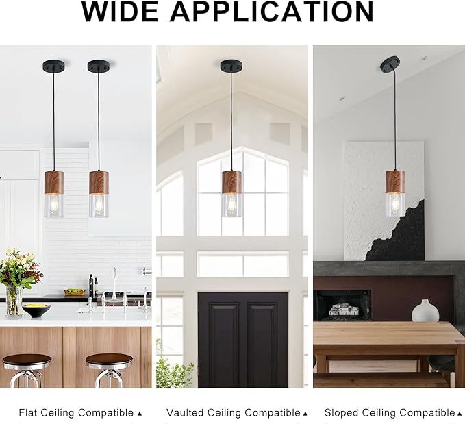 3-Pack Modern Pendant Lights for Kitchen Island, Adjustable Pendant Light Fixtures with Brown Wood Grain, Industrial Clear Glass Pendant Lights for Dining Table Hallway Bedroom Living Room