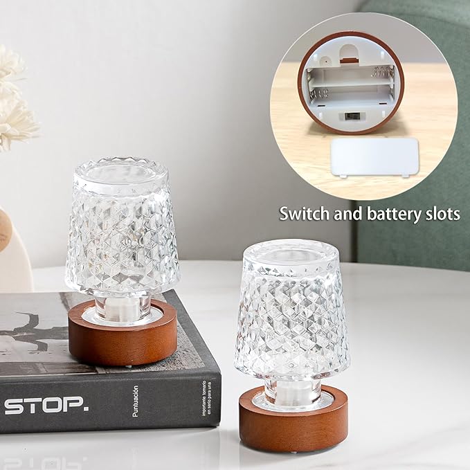 Mini Battery Lamp, Vintage Sleep Nightlights with Timer, Battery Operated Night Lights for Adults，Cordless Glass Sleep Warm Nightlights, bedside lamps, Night Lamp for Bedroom, Crystal