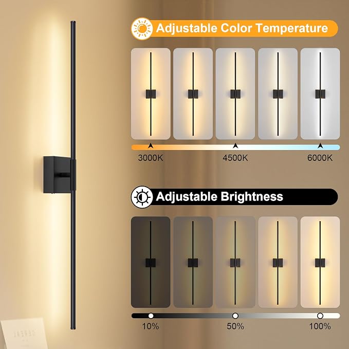 Battery Operated Wall Sconce, 3000K-6000K Dimmable Black Wall Lights with Remote Control, Timable LED Wireless Wall Sconces, 350° Ratate for Bathroom, Living Room, Hallway 39.4 Inch 1 Pack