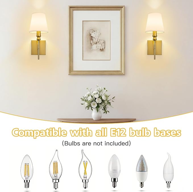 Hardwired Gold Wall Sconces Set of Two, Rustic Bathroom Vanity Lights with White Fabric Shades, Vintage Light Fixtures Convertible Height Wall Light for Living Room Bedroom,Farmhouse,E12 Base