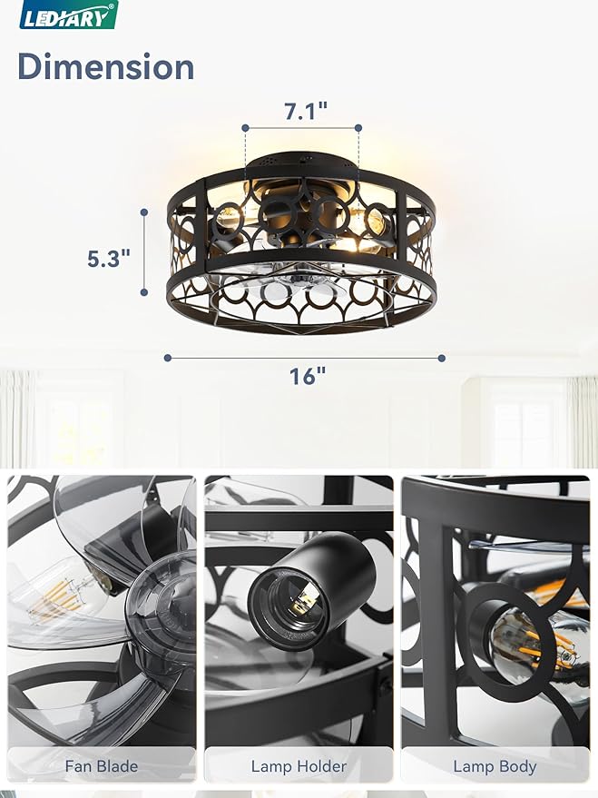 LEDIARY Caged Ceiling Fan with Light and Remote, 16in Small Low Profile Ceiling Fans with Lights, 6 Speed Farmhouse Flush Mount Ceiling Fan for Bedroom, Kitchen, Living Room-Black