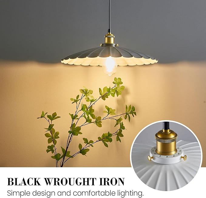 Pendant Light Fixture, White Farmhouse Vintage Pendant Light 15.7 Inch Lampshade with Adjustable Light Cord Kitchen Hanging Lights Retro Island Pendant Lights for Kitchen