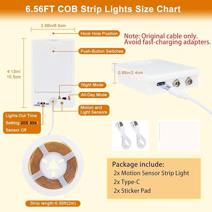 OMIKA COB Motion Activated LED Strip Light, 6.56ft 640LEDs 4000K Natural White Rechargeable Night Light, Safe Tape Light for Cupboard, Bed, Shelves, Wardrobe, Stairs, Pantry, 2 Pack