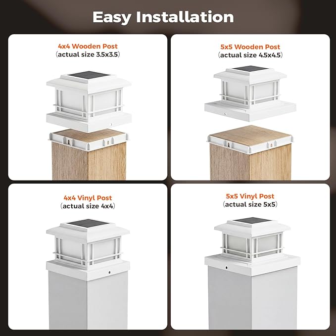 JOFIOS Flickering Flame Solar Post Cap Lights Outdoor, White Post Lights with 3 Color Temperature, Fits 3.5" 4" 4.5" 5" Wood/Vinyl Posts, IP64 Waterproof Fence Deck Lights for Garden Patio Yard 2 Pack