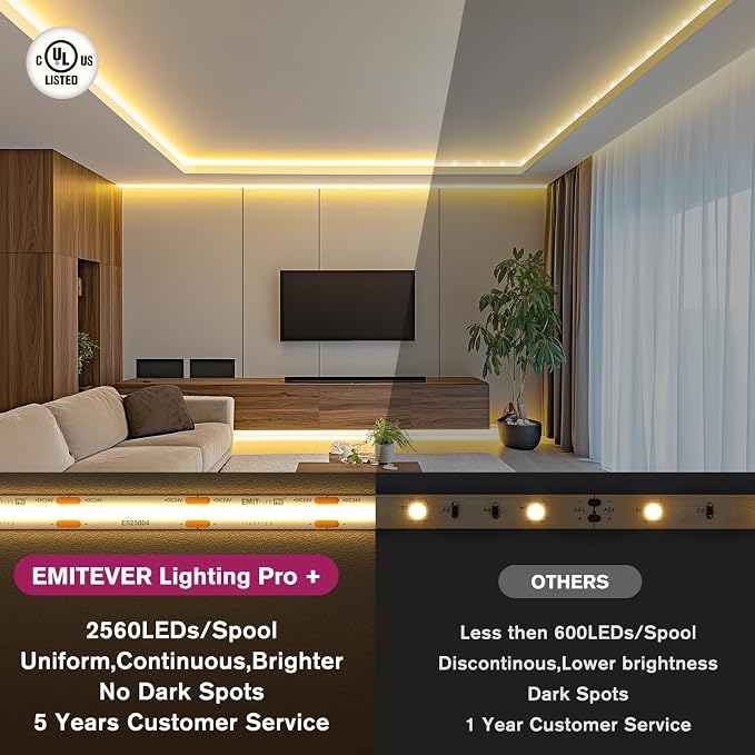 EMITEVER COB LED Strip Lights 3000K 24V, 16.4ft/5m, 2560LEDs, UL Listed | Warm White Tape Light Premium High Density,for Bedroom, Kitchen,Cabinets,360+Lumens/ft,Ra 90+ (Power Supply Sold Separately)
