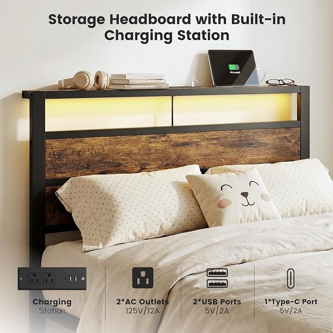 Twin Bed Frame with LED Lights & USB Charging Station | Metal Platform Bed with Storage Headboard, Under Bed Space, Noise Free, No Box Spring Needed, Easy Assembly, Brown