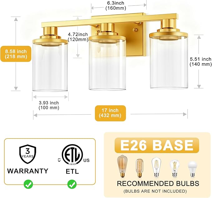 L LOHAS LED 3 Light Bathroom Vanity Light, Gold Bathroom Light Fixtures, Vanity Lights for Mirror Bedroom Hallway