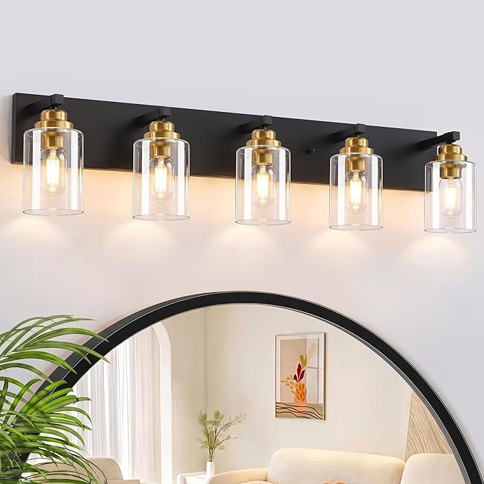 5-Light Black and Gold Bathroom Vanity Light, Clear Glass Shade | 35.4" Wall Mount Over Mirror Lighting Fixtures, Brushed Gold Finish, Durable Metal, Modern Farmhouse Style, for Bathroom