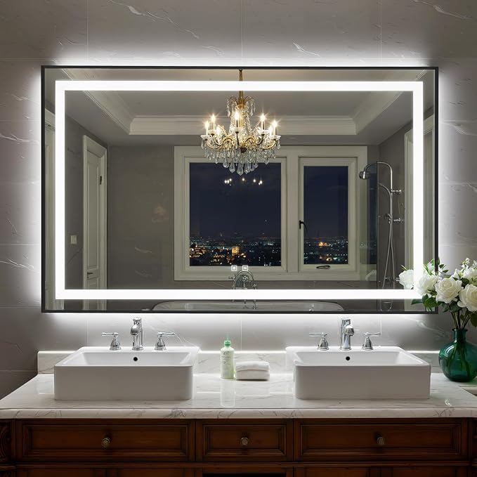 55X36 Inch LED Bathroom Mirror with Lights, Black Frame Frontlit+ Backlit Bathroom Vanity Mirror for Wall, Ultra-Clear Tempered Glass, Shatter-Proof, Anti-Fog and Memory Function, ETL Listed