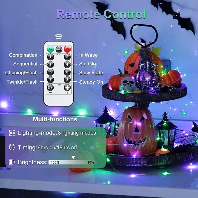 JMEXSUSS 2 Pack Purple and Green Halloween Fairy Lights Battery Operated | Total 200 LED 66ft, Remote Control, Waterproof 8 Modes Twinkle Lights for Fireplace Mantel Centerpiece Wreath Halloween Decor