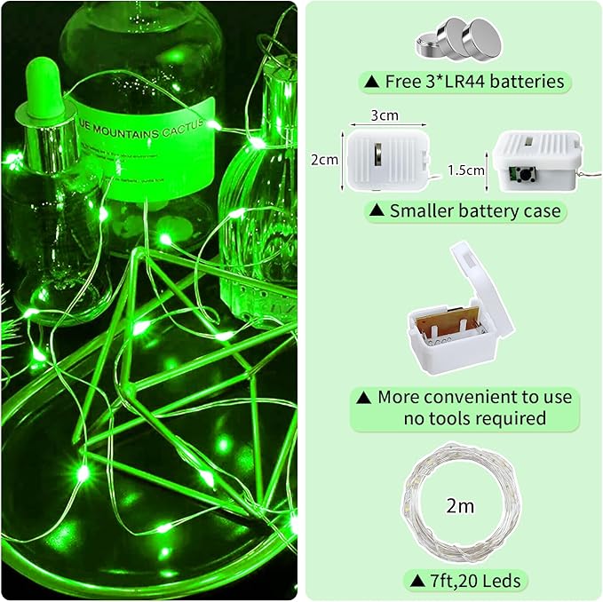 24 Pack White Fairy Lights Battery Operated, 7ft 20 LED Mini String Twinkle Lights for St. Patrick's Day Christmas Halloween Mason Jars Centerpiece Table Decorations (24, Green)
