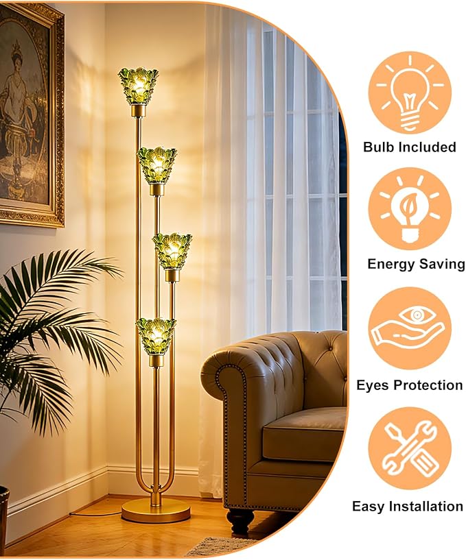 63IN 4-Lights Glass Floor Lamp Modern Dimmable Floor Lamps with Green Glass Shade& Warm White Bulbs for Wedding/Party, Gold Tall Standing Lamp with 5Lbs Heavy Base for Living Room/Bedroom