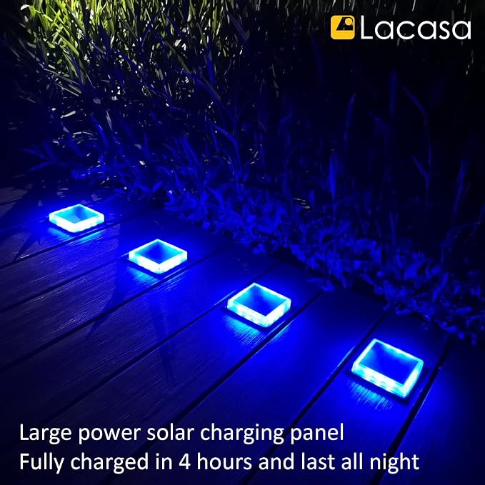 Lacasa Blue Solar Deck Lights 4 Pack, Dusk to Dawn Large Battery Step Lights, Big Solar Powered Waterproof Dock Lights, LED Solar Lights Outdoor Garden Stair Driveway Walkway Pathway Warning Lamp