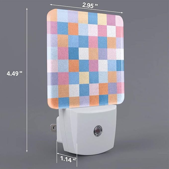 Colorful Checkered LED Plug-in Night Light 2-Pack, Auto Sensor Wood Print Nightlights Set of 2 for Bedroom Bathroom Stairs