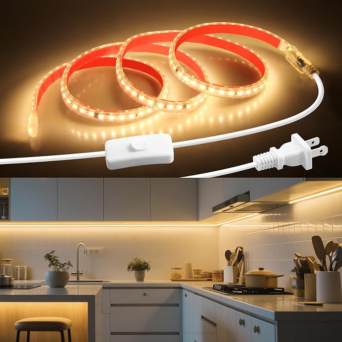 Warm White Under Cabinet Strip Lighting Plug in Waterproof 48in 3000K LED Light Strips with Switch Flexible Self-Adhsive Under Counter Light 120LED/M Ultra Bright Lights Bar for Desk Kitchen Indoor