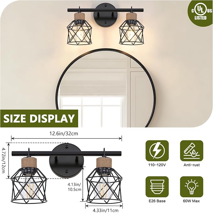 2-Light Farmhouse Bathroom Light Fixtures, Rustic Black Bathroom Lighting Over Mirror with Metal Shade, Modern Coastal Vanity Lights for Mirror Living Room Cabinet Bedroom