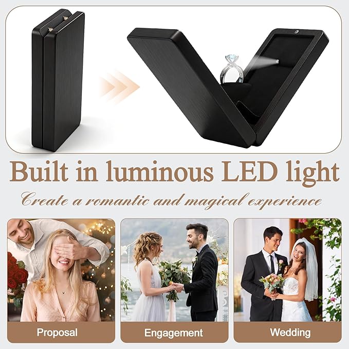 Wooden Engagement Ring Box For Proposal Valentine's Day Jewelry Gift Box Wood Rotating Wedding Day Ring Box With Led Light Gift Packaging(Black Oak (Painted Finish))