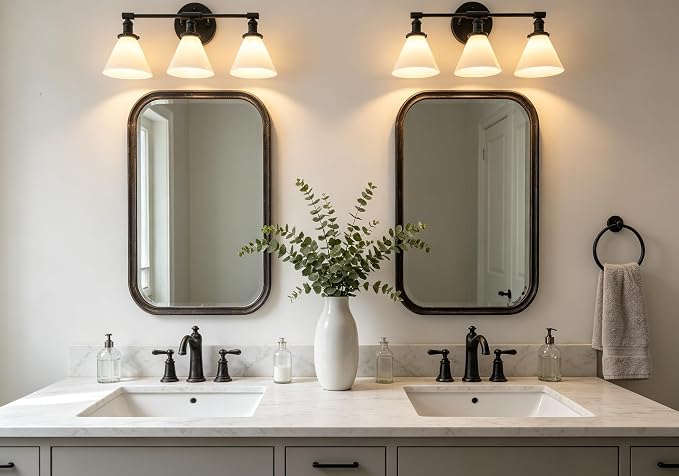 Vintage Industrial 3-Light Bathroom Vanity Light with Milk Glass lampshade – Antique Brass Wall Sconce for Over Mirror, E26 Socket, Hardwired Installation