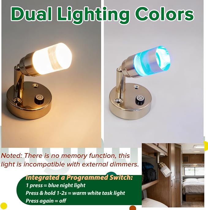 RV Reading Lights 12 Volt RV Wall Lights with Switch for Camper Van Trailer Food Truck Interior 12v Reading Light 2W 100LM Wall Lamps Blue and 3000K White Lighting Fixtures Nickel Finished, 2-Pack