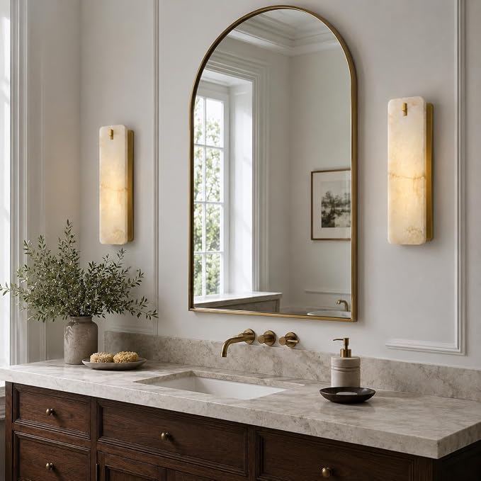 Rectangular Alabaster Wall Sconce 16 Inch, Natural Spanish Stone Brass Gold Wall Light, Modern Marble Sconces Dimmable E12 Hardwired Bathroom Vanity Light Fixture for Mirror, Bedroom, Hallway(1 Pcs)
