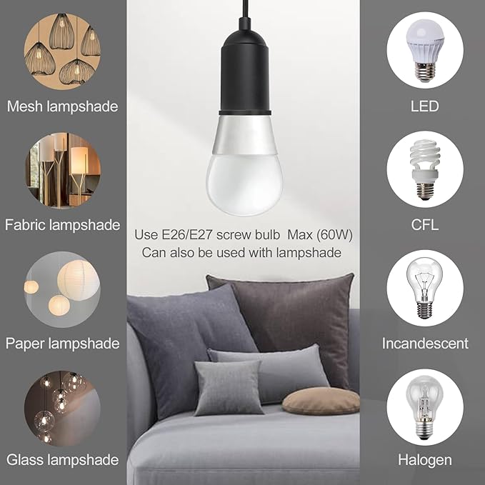 Plug in Pendant Light Cord with Switch,Braided Hanging Lamp Kit with Ceramic Bulb Socket,DIY Lamp Shade Replacement Cord,Swag Light kit Fixture Fabric Wrapped Cable 15ft Black