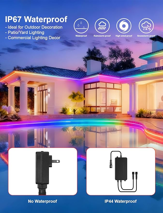 40ft/12m COB LED Strip Lights, RGB Smart IC, IP67 Waterproof, Dimmable , Color Flowing Tape Light with App Control & Music Sync, Dotless LED Light for Outdoor, Patio, christmas & Party Decorations