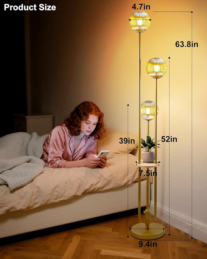 Lightdot Amber Glass Floor Lamp with Shelf 63IN Dimmable Mid Century Modern Gold Standing Lamps 3000K Bulbs Included Globe Floor Lamp with 5Lbs Heavy Base for Living Room/Wedding/Sofa Beside/Corner
