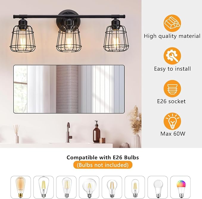 3-Light Bathroom Light Fixtures Over Mirror, Matte Black Bathroom Vanity Light with Cage, E26 Base Farmhouse Wall Sconces for Bedroom Cabinets Living Room, UL Listed