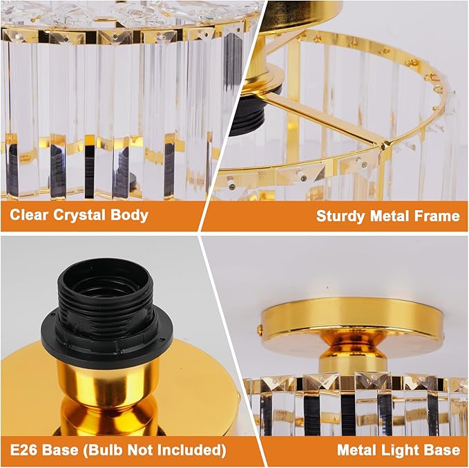 FRIDEKO HOME Crystal Ceiling Light - Gold Small Chandelier Semi Flush Mount Ceiling Light Fixture Modern Lights for Hallway Bathroom Kitchen Entryway (9.05 Inch, Bulb not Included)