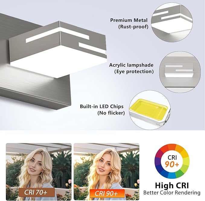 LED Modern Bathroom Vanity Light Fixtures, 5-Light 34-inch Dimmable Brushed Nickel Vanity Lights for Bathroom Lighting Fixtures Over Mirror, with 350° Rotatable Acrylic Heads (Cool White 6000K)