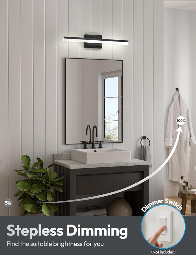 VOLISUN Modern Bathroom Vanity Light 24 inch, 24W Dimmable 5CCT Led Bathroom Light Fixture Over Mirror, Black Bar Vanity Light for Bathrooms Mirror Cabinets Bedroom-ETL Certificated