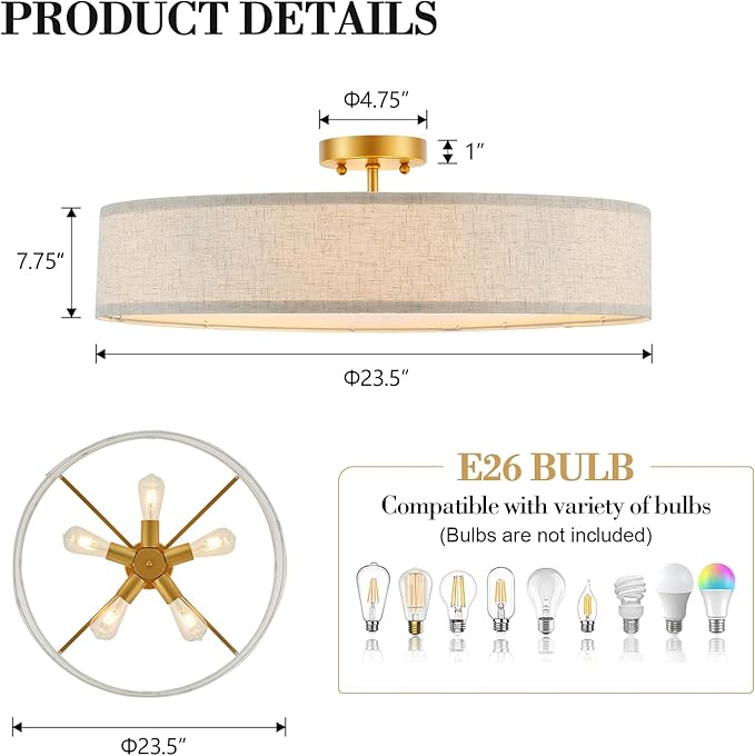 VILUXY Gold Semi-Flush Mount Ceiling Light Fixture 24" Large Modern Ceiling Light with Linen Fabric Drum Shade 5-Light Round Ceiling Lamp for Bedroom Dining Room Entryway