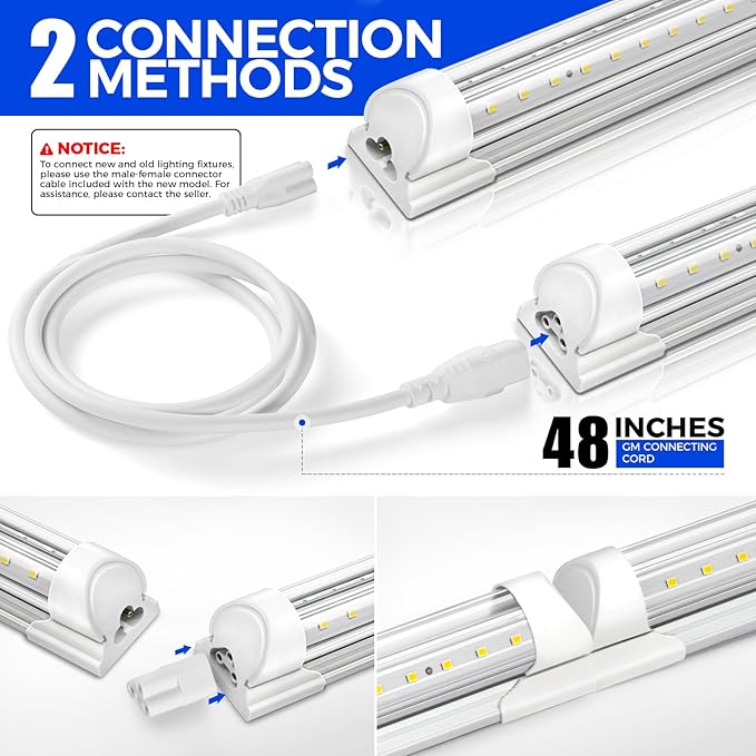 Barrina 8FT LED Shop Lights, 72W 10000LM 5000K, Daylight White, V Shape, Clear Cover, Hight Output, Linkable, T8 LED Tube Lights for Garage 8 Foot with Plug, 4 Packs