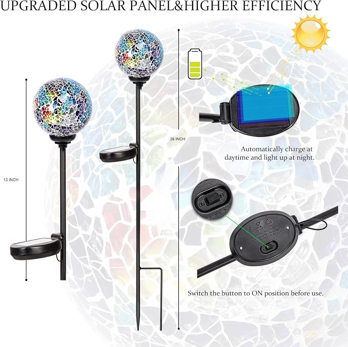VCUTEKA Decorative Solar Garden Lights, 3.5" Mosaic Globe Outdoor Stake | Mosaic Glass Globe Design, Solar LED Light, Waterproof Design, Auto On/Off and Metal Stake Design for Lawn and Patio