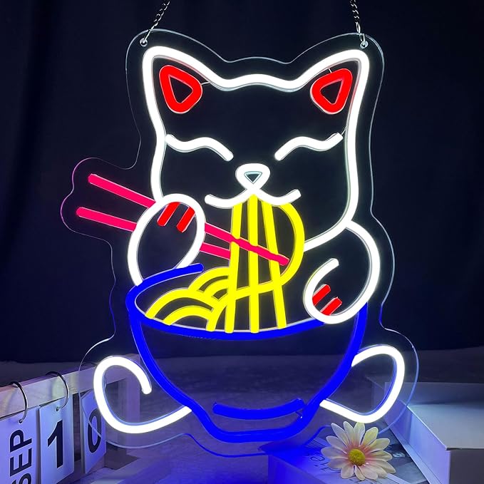 Fortune Cat Ramen Neon Sign Japanese Lucky Cat Noodle Neon LED Light Signs | Dimmable Anime Ramen Cat Neon Lights up Sign for Living Room Wall Decor Home Bar Kitchen Ramen Restaurant Dining