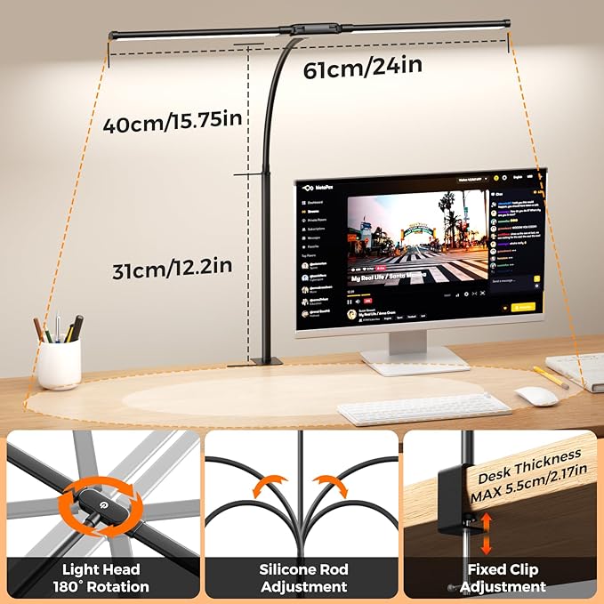 LED Desk Lamp with Clamp - Double Head Desk Light with Remote and Touch - Eye Protection - 12 W, 5 Color Modes, Timer and Memory Function, Flexible Gooseneck - for Office, Reading - Black
