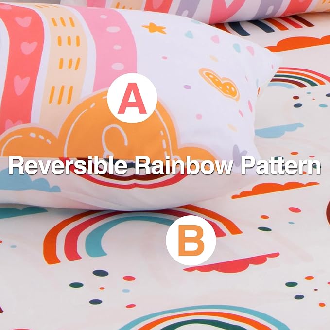 A Nice Night Bedding 6 Pcs Cartoon Rainbow Bedding Set with Smile Sun Printed for Boys Girls Bed Comforter Sets (White, Full)