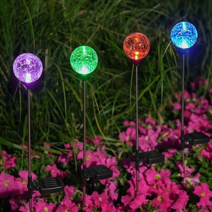 OxyLED Solar Globe Lights Outdoor 4 Pack LED Garden Stake Lights Waterproof | Cracked Crystal Color Changing Solar Pathway Lighting Auto On/Off for Landscape Patio Yard Christmas Decoration