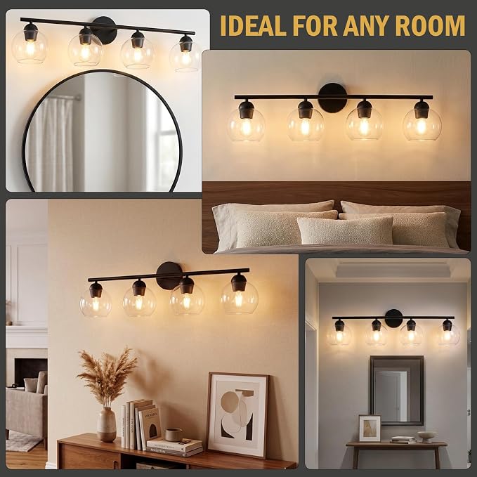 4 Light Bathroom Vanity Light, Black Vanity Light with Globe Glass Shades, Farmhouse Bathroom Light Fixtures Over Mirror, Modern Wall Light Fixture for Bedroom Hallway, E26 Socket