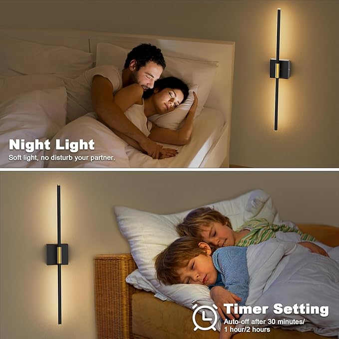 Wall Sconces Set of 2 Battery Operated, Wireless USB Rechargeable Wall Lights with Remote Control, 360° Rotation, 8000mAh LED Dimmable Picture Lamp for Living Room,Bedroom,Hallway (30in Black)