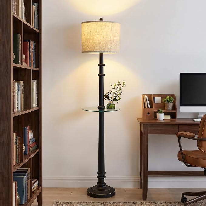 EJIAXIN Floor Lamps for Living Room - 60" Farmhouse Floor Lamp with Adjustable Color Temperatures - Vintage Standing Lamp Reading Light - Retro Tall Lamp with Table for Bedroom Office, Rustic Black